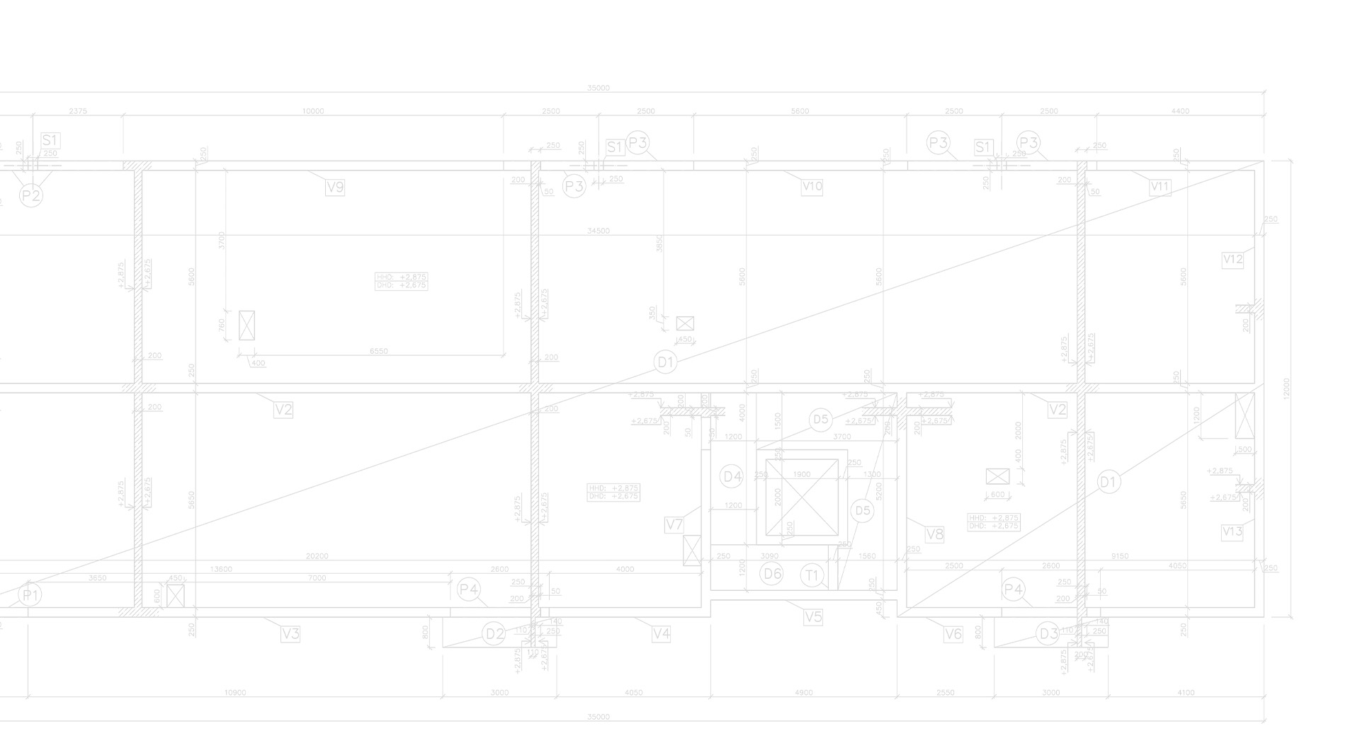 Architectural floor plan drawing showing wall layouts, door swings, dimensions and room tags across a rectangular suite